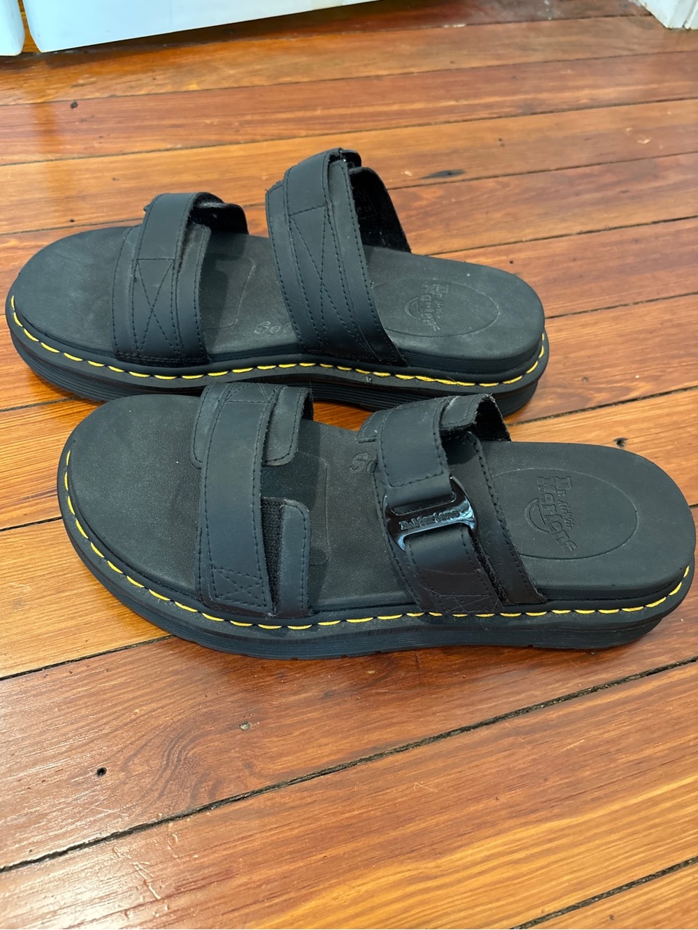 Dr. Martens Black Slide Sandals with Yellow Stitching—new